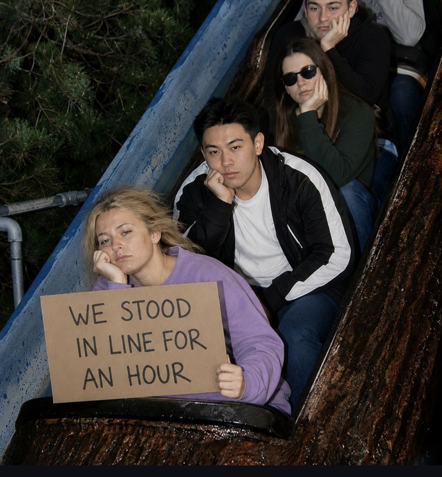 Bored riders holding a 'we stood in line for an hour' sign