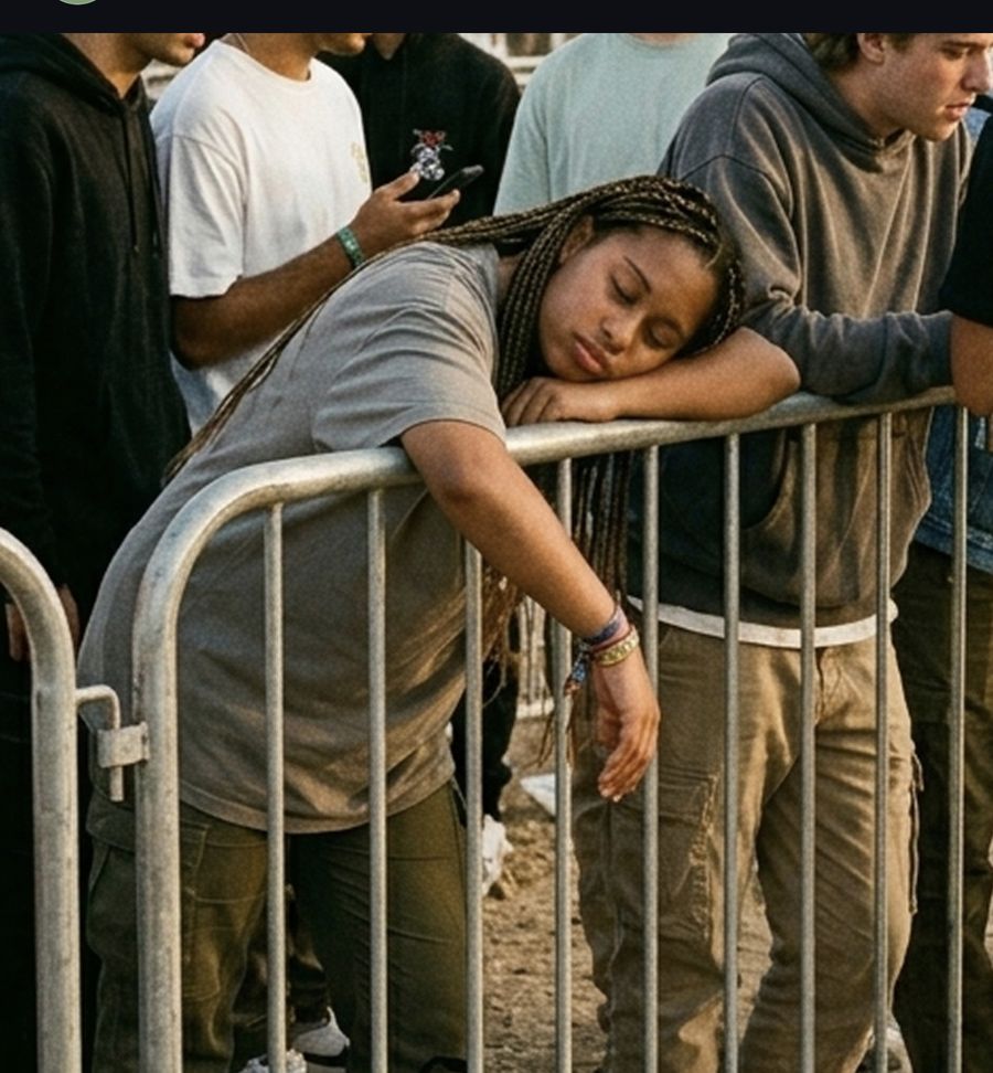 Festivalgoer asleep on a crowd barrier