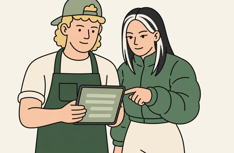 two team members going through a venue set-up together on a tablet
