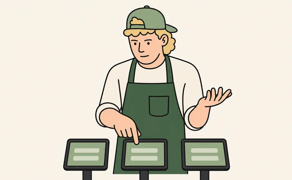 a vendor testing three tablet order screens lined up on a stand