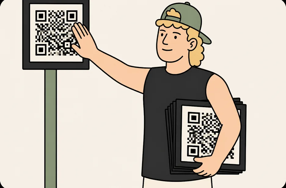 a team member fixing a QR code sign to a post, a stack of spares under one arm