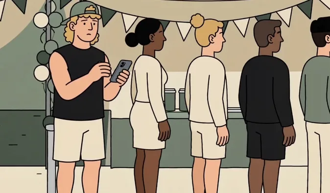 a line of guests at a festival bar, one of them checking his phone