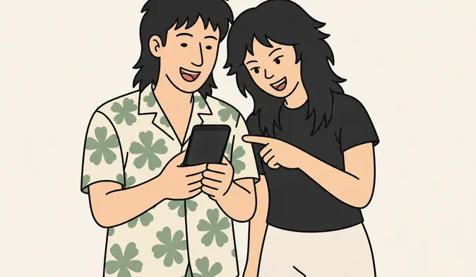 two guests laughing at something one of them has found on their phone