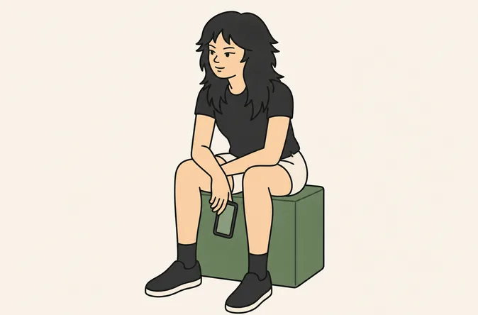 a guest sitting on a crate looking at her phone while she waits