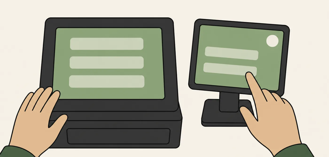 a pair of hands working a till beside a wyw vendor screen on the same counter