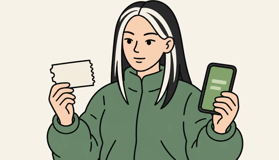 a guest holding a paper ticket in one hand and a phone in the other