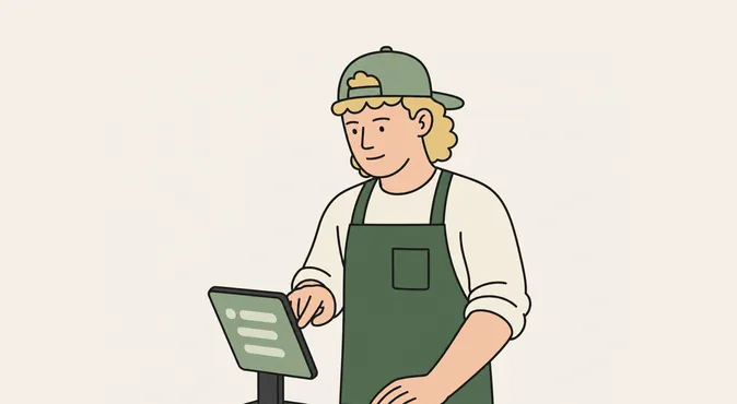 a vendor reading an order on a kitchen display screen
